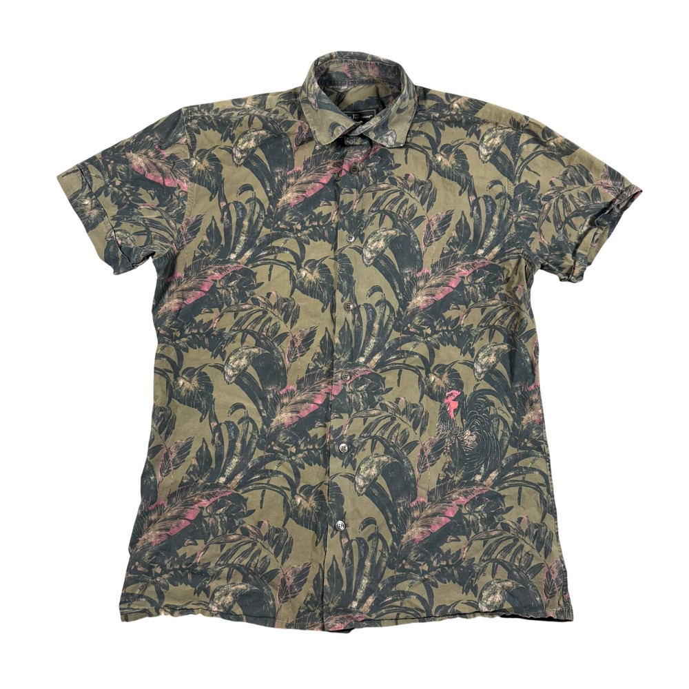 Salvatore Ferragamo Shirt Mens M Olive Green Tropical Floral Short Sleeve Italy